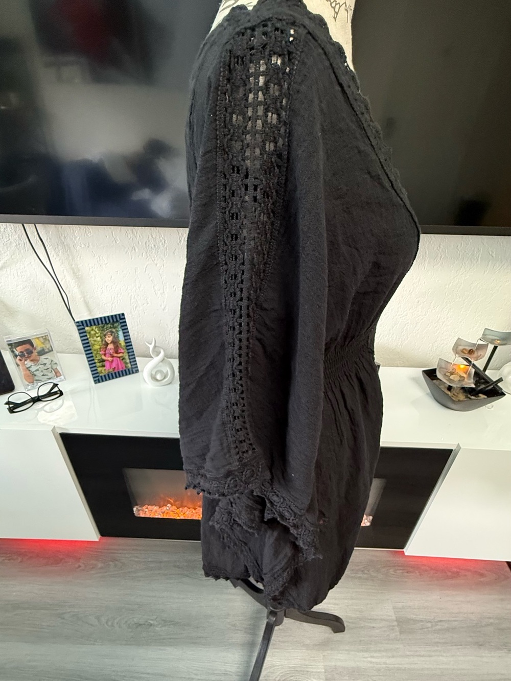 BLANCO 100% Cotton Boho Black Kimono Sleeve Tunic Dress Lace Accent Small - Picture 12 of 16